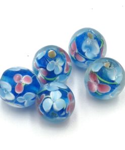 Glaskralen Italian style 12x10mm blauw met roze en licht blauwe bloemetjes