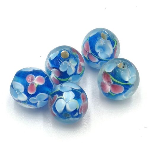 Glaskralen Italian style 12x10mm blauw met roze en licht blauwe bloemetjes