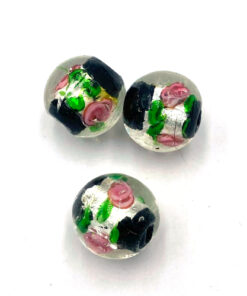 Glaskralen Italian style rond, zwart met roze bloemen