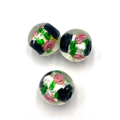 Glaskralen Italian style rond, zwart met roze bloemen