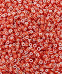 Glaskralen Rocailles 8/0 (3mm) Rood wit gestreept (5gr)