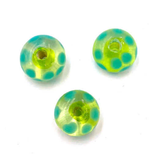 Glaskralen Italian rondel transparant lime groen met aqua stip 11x6mm